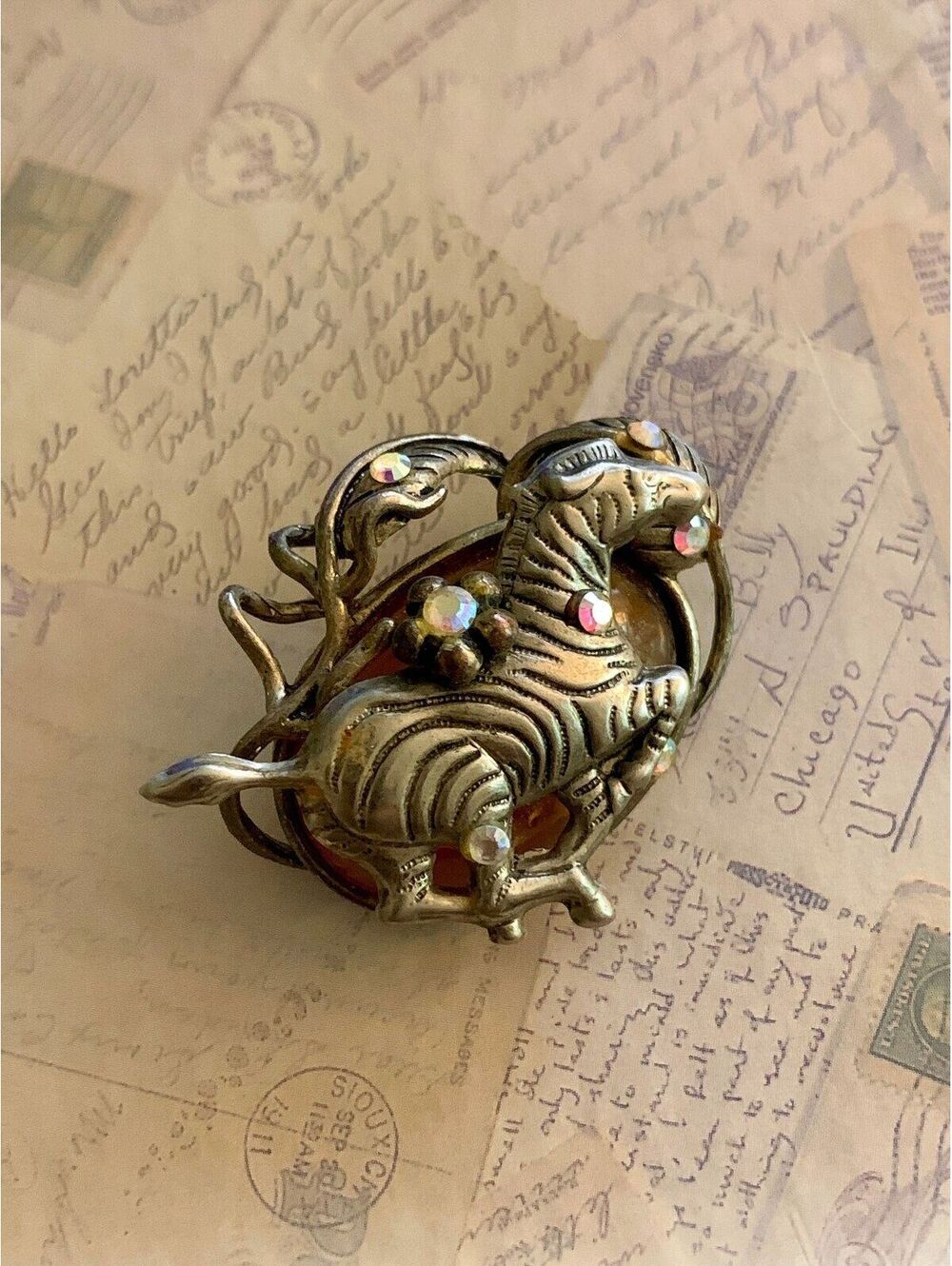Vintage Figural Zebra & Amber-Tone Art Glass Statement Brooch